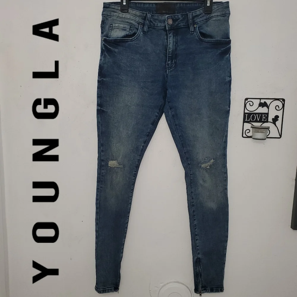 YoungLA Distressed Ankle Zip Skinny Jeans